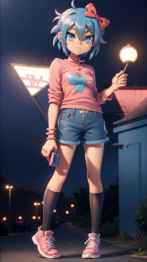 Sayori from ddlc gorillaz animation style, blue eyes, short coral pink hair, red bow in hair, lock between eyes, blue eyes, clothes; pink shirt, blue shorts, white shoes with blue tips, Gorillaz animation style, atmosphere: street, night, trees, sayori lighting . gorillaz animation style