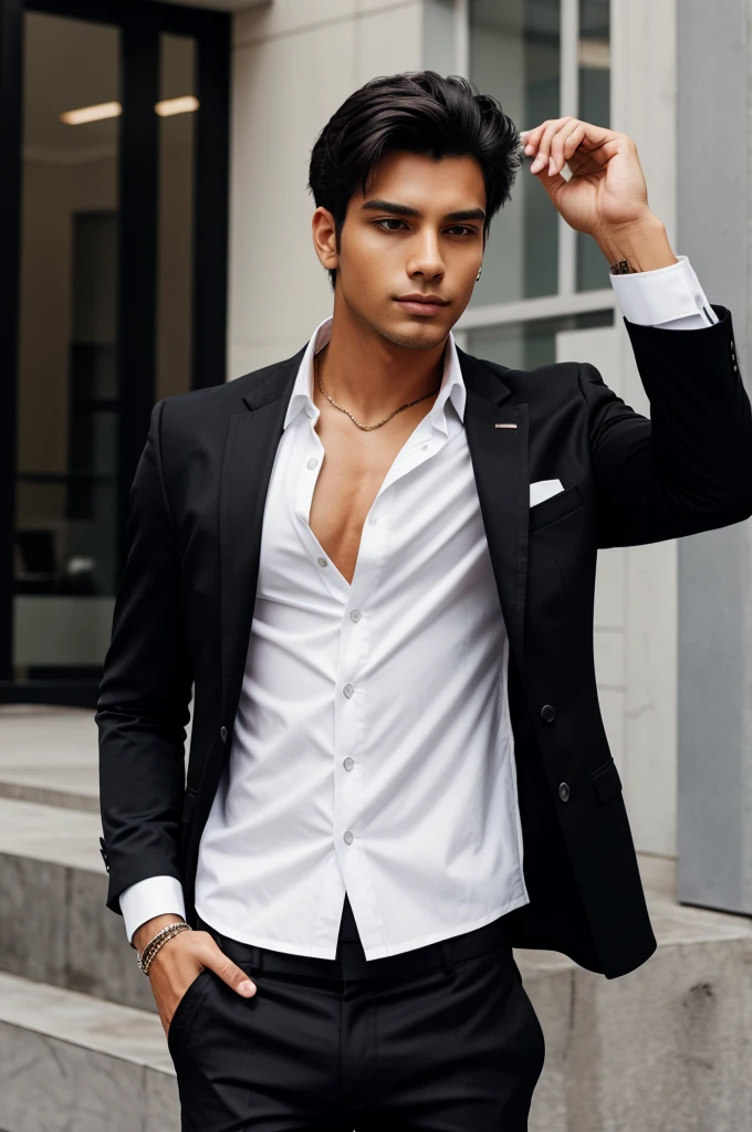 A male wearing a black blazer white shirt and a black pant