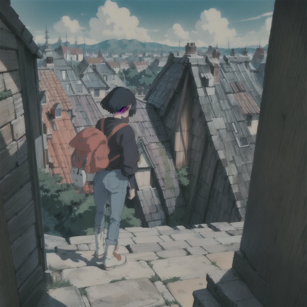 ghibli style, san \(mononoke hime\),
1boy,Black sweatshirt, with a backpack, on your back, looking at the horizon, during the day, magical world, modern,Background cities, jeans, boots, short hair with blue gradient, Sitting on a building 