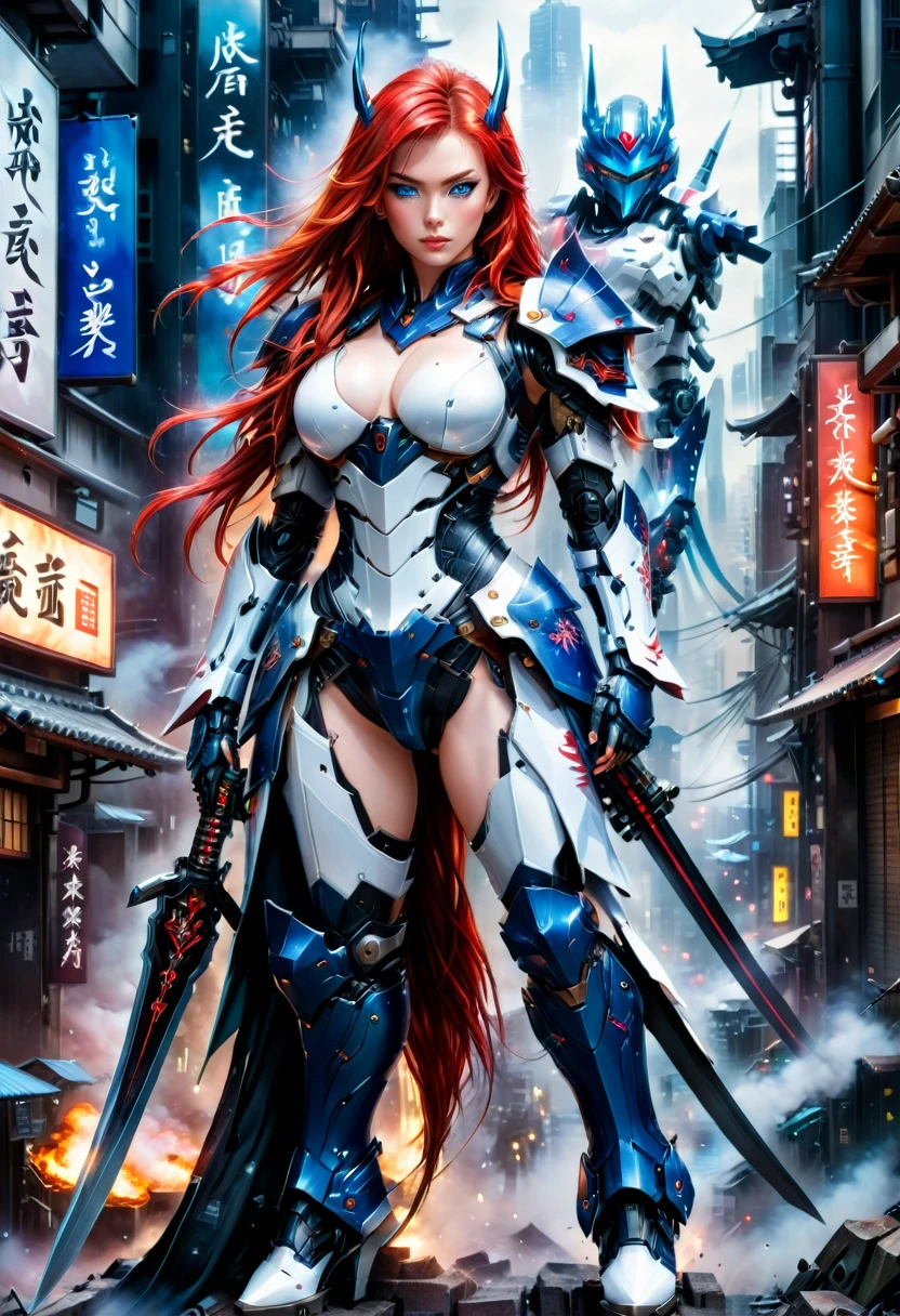 Japanese water color art picture of a mecha samurai woman in cyberpunk city, a mecha samurai woman, exquisite beautiful woman, (fully clothed: 1.3), red hair, long hair, (blue eyes: 1.3), she stands ready to battle, wearing (white mecha armor: 1.3), high heeled boots, she is armed with a Japanese sword, Japanese Cyberpunk city at night, background, (Masterpiece: 1.5), 16k, highres, best quality, high details, ultra detailed, masterpiece, best quality, (extremely detailed), arafed, mecha,