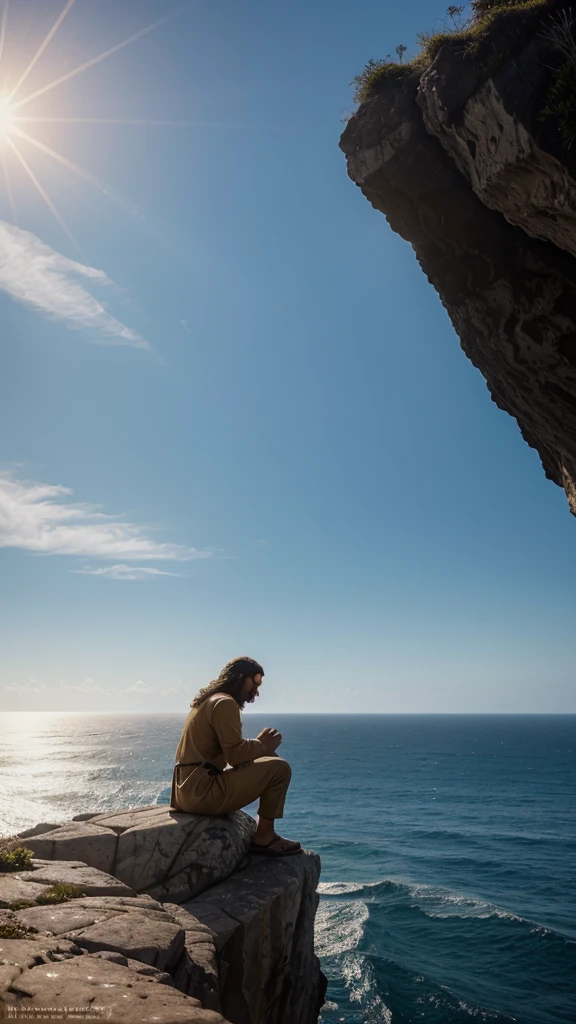 a man sitting on top of a cliff next to the ocean, a picture, inspired by Christophe Vacher, jesus face, praying at the sun, 😃😀😄☺🙃😉😗, high quality picture, kneeling in prayer, profile picture, his eyes are closed, 256x256, ! holding in his hand !, avatar image, jesus