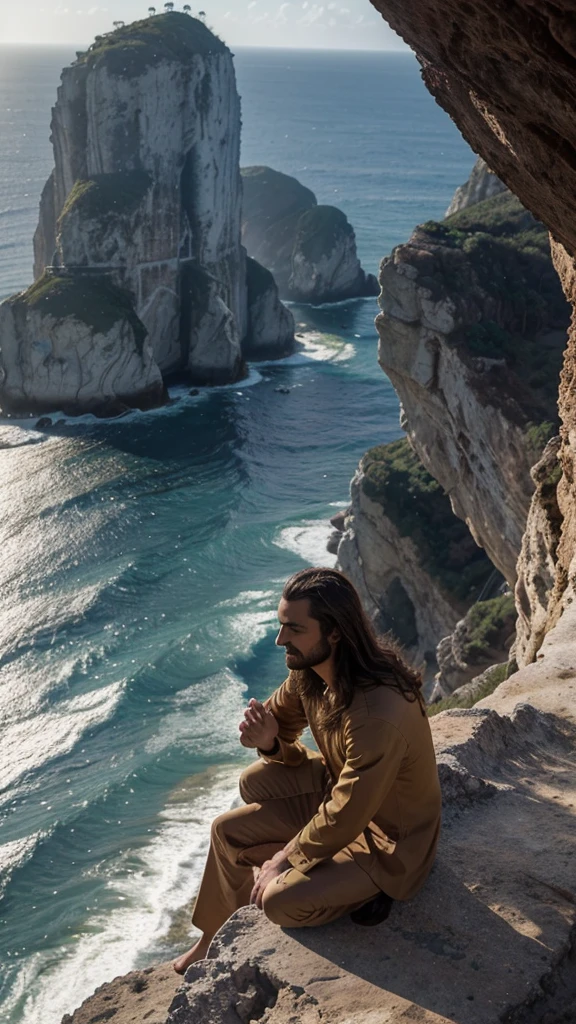 a man sitting on top of a cliff next to the ocean, a picture, inspired by Christophe Vacher, jesus face, praying at the sun, 😃😀😄☺🙃😉😗, high quality picture, kneeling in prayer, profile picture, his eyes are closed, 256x256, ! holding in his hand !, avatar image, jesus