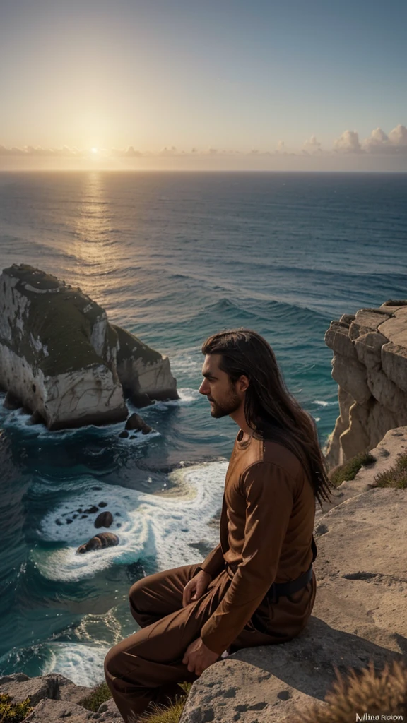 a man sitting on top of a cliff next to the ocean, a picture, inspired by Christophe Vacher, jesus face, praying at the sun, ๐๐๐โบ๐๐๐, high quality picture, kneeling in prayer, profile picture, his eyes are closed, 256x256, ! holding in his hand !, avatar image, jesus