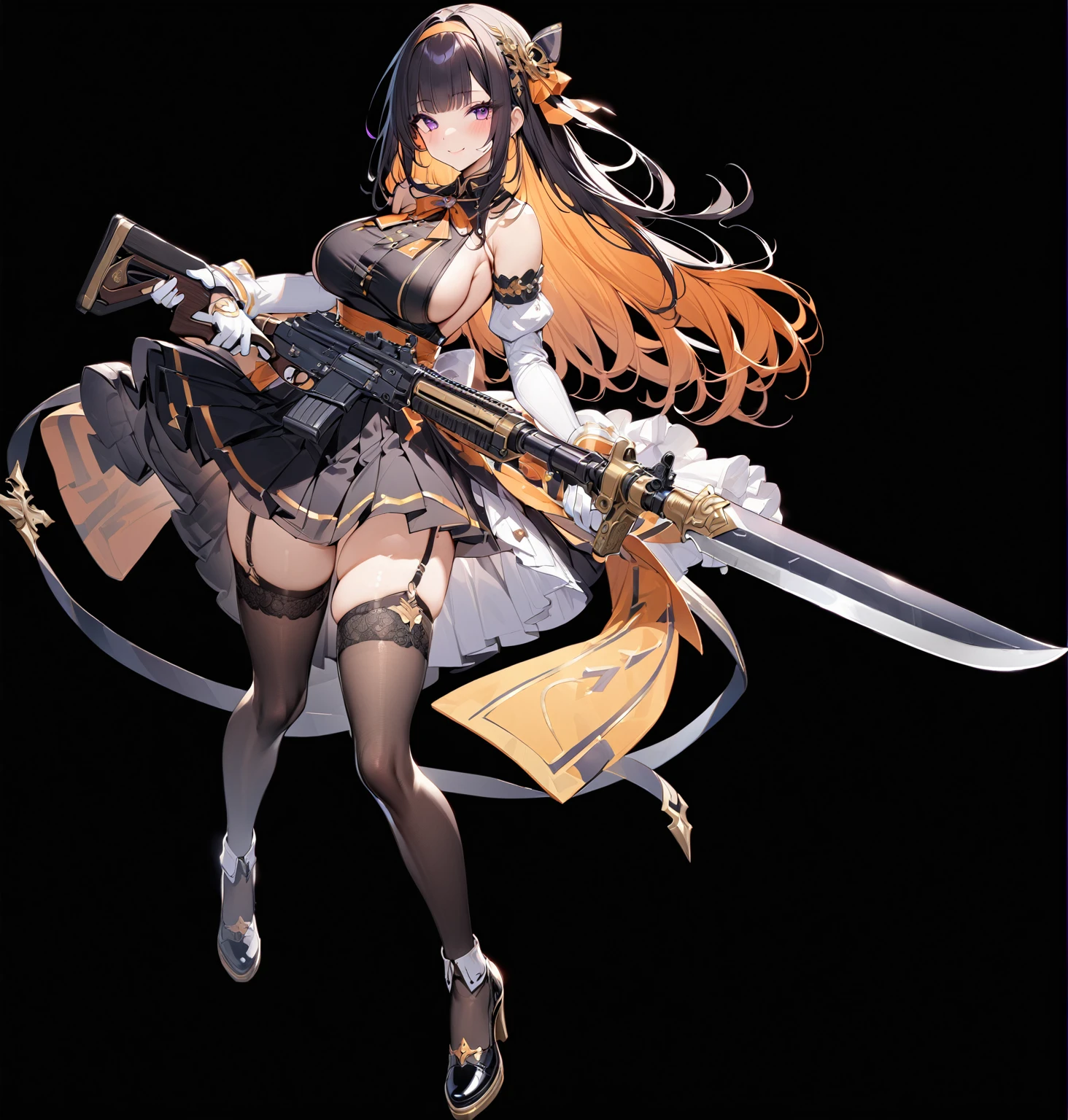 masterpiece, best quality, 1girl, weapon, breasts, solo, colored-inner-hair, thighhighs, long-hair, holding, large-breasts, sideboob, gun, mole, detached-sleeves, holding-weapon, full-body, smile, bangs, mole-under-eye, black-hair, looking-at-viewer, gloves, dress, black-thighhighs, multicolored-hair, garter-straps, hair-ornament, white-gloves, simple-background, orange-hair, two-tone-hair, black-footwear, holding-gun, bare-shoulders, closed-mouth, blunt-bangs, purple-eyes, skirt, black-dress, high-heels, puffy-sleeves, frills, hairband, blush, ribbon, standing, ((bayonet)), pleated-skirt, shoes, black-skirt, long-sleeves