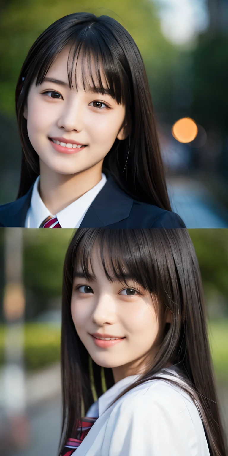 1 girl, (Please wear your high school uniform:1.2), (:1.5), (original Cai Neihua), Young Face, Cute face, (RAW Photos, highest quality), (Realistic, Photorealistic:1.4), Flying debris, Sharp focus, Very delicate and beautiful, Very detailed, 2k wallpaper, wonderful, finely, Very detailed CG Unity 8K wallpaper, Very detailed, High resolution, Soft Light, Beautiful detailed girl, Very detailed目と顔, Beautiful and detailed nose, Beautiful and detailed, Blake Springs Street Corner, Cinema Lighting, Perfect Anatomy, Slender body, Straight and long, Long Hair, Parted bangs, An innocent smile, (Looking at the audience),