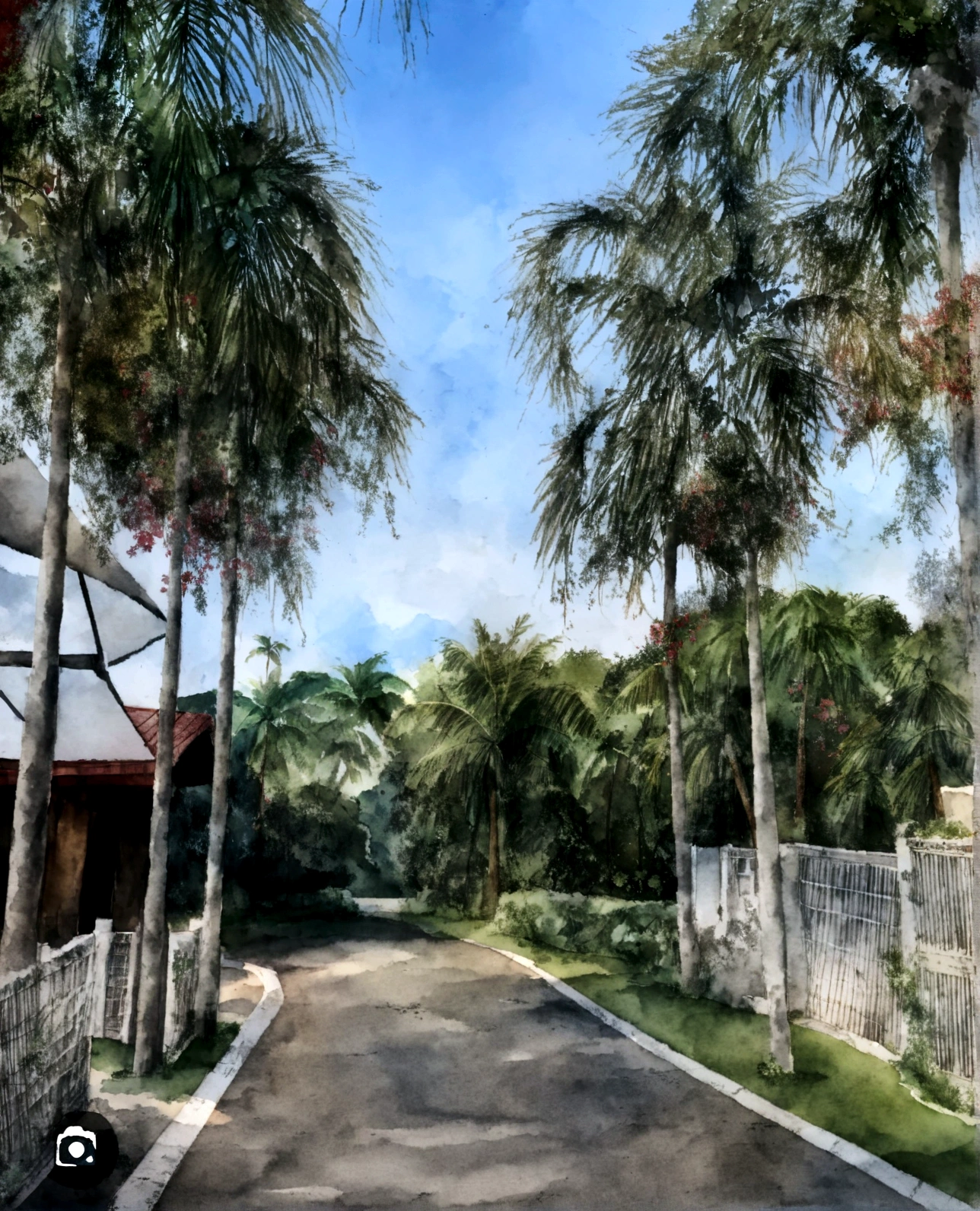 An imaginative watercolor interpretation of the street lined with palm trees, watercolor canva, where the colors blend and flow, tropical trees, Side of the image with white blur, palm trees in the background, tree palms in background, Descriptive keywords: Imaginative watercolor canva, Color blending, Watercolor ambiance, Twilight inspiration, Side of the image with white blur. Camera type: Watercolor paper. Time of the day: Twilight sunset. Style of artwork: Whimsical and imaginative. By artist: TwilightCanvas -ar 3:2