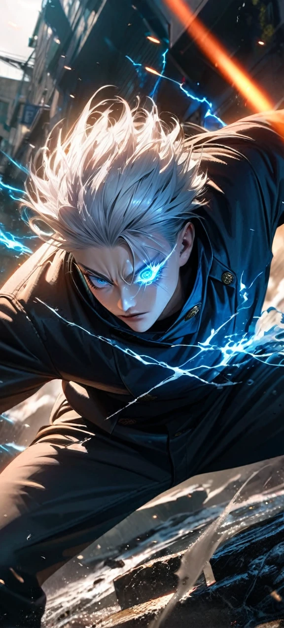  High quality, ultra realistic,absurdres, highres, ultra detailed, HDR, masterpiece, extremely detailed face and eyes,  Gojo satoru , jujutsu kaisen,, white hair ,black shirt , solo, ,man, handsome, ,white eyeleshes, blue eyes , Epic fight scene, blue splashing effect,blue lightning  effect,glowing glitters , black blindfold