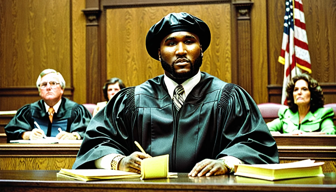 1970s photo of "Young Jeezy" dressed as a municipal judge, courtroom, cash,