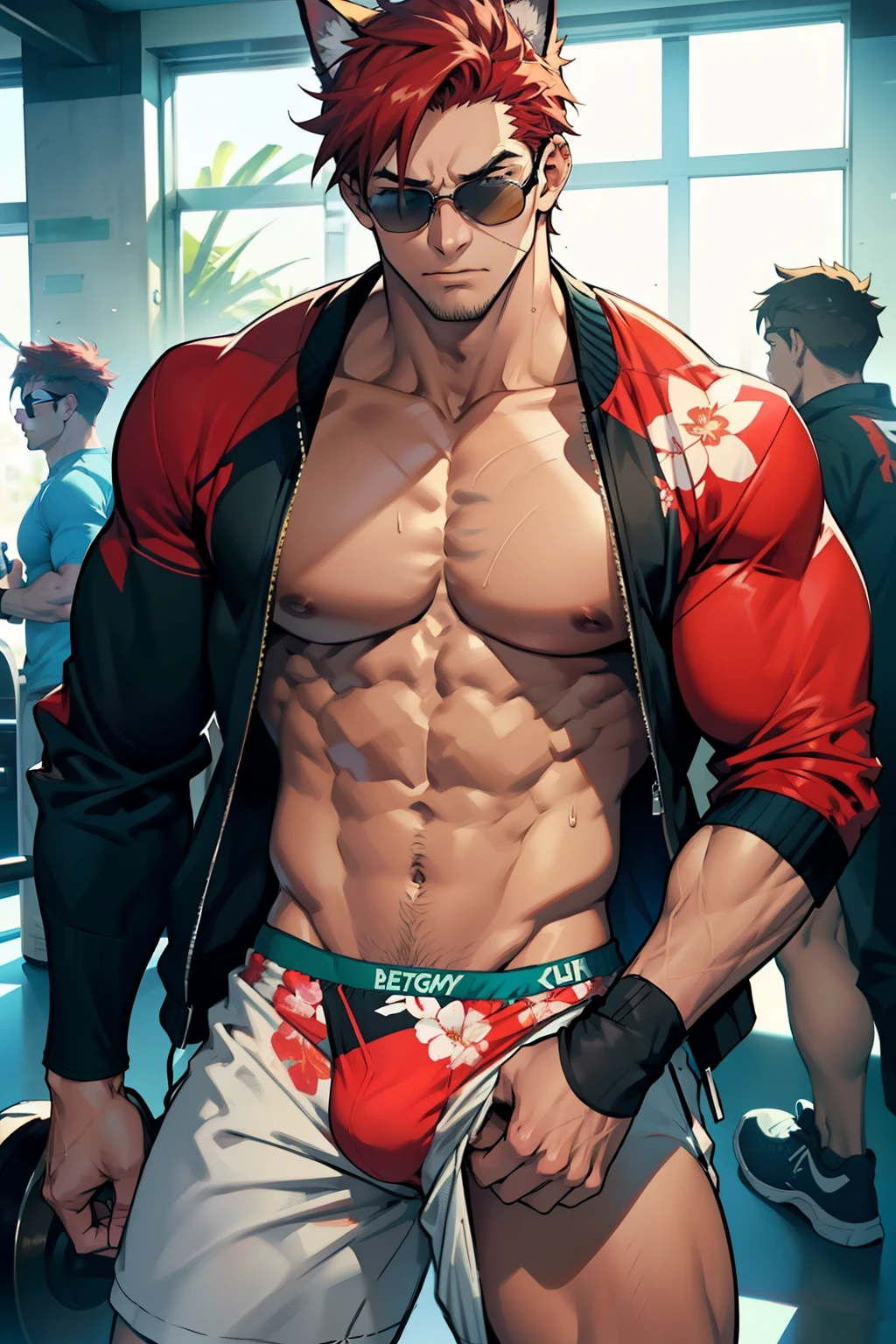 (1 boy,Be a man),Muscular anime guy in the gym, facial expression like masturbation, 1boy, bikini, Tight muscles, Broad shoulders, Handsome and old, Tiny underwear, Sexy, sex, Guy, Gay, Sea, jacket, sunglasses, boy, floral bikini, bright red hair, tight leg muscles, big Cook, cat ears,