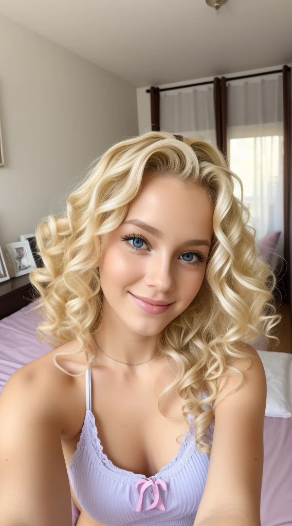 Blonde curly girl taking selfie from her bed 22 y o