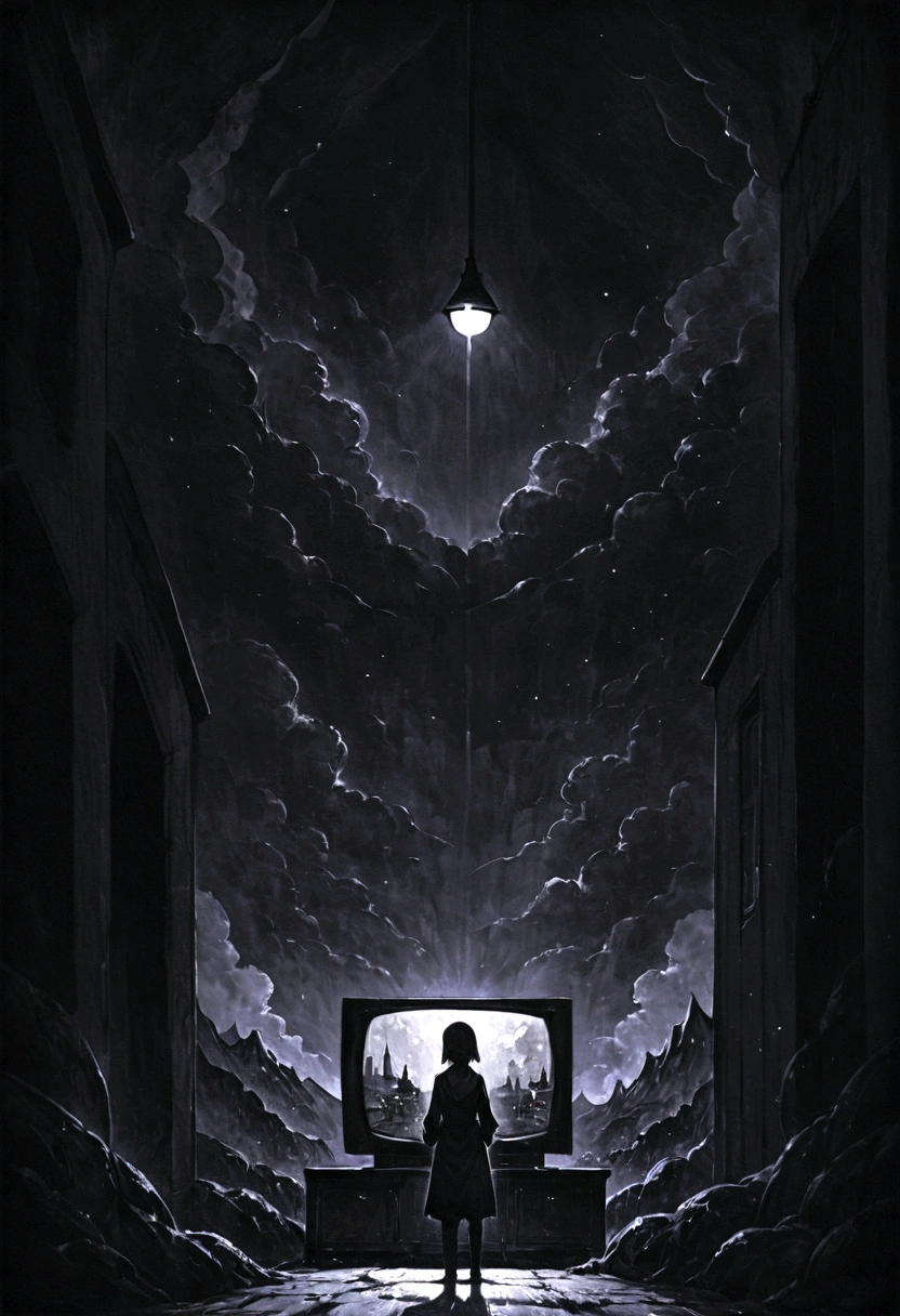 Dark room at night，Only the TV is shining，Renderizando estilo de pintura 2D