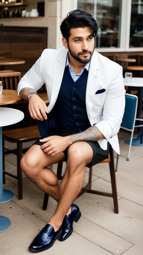 A handsome and sexy man wearing a casual white short and blue suit,and formal pan, black shoes , he has gorgeous face,and stylish black hair, and short beard, he is sitting in a cafe, homoerotic, nsfw ,open legs, alluring pose, exposed crotch bulg