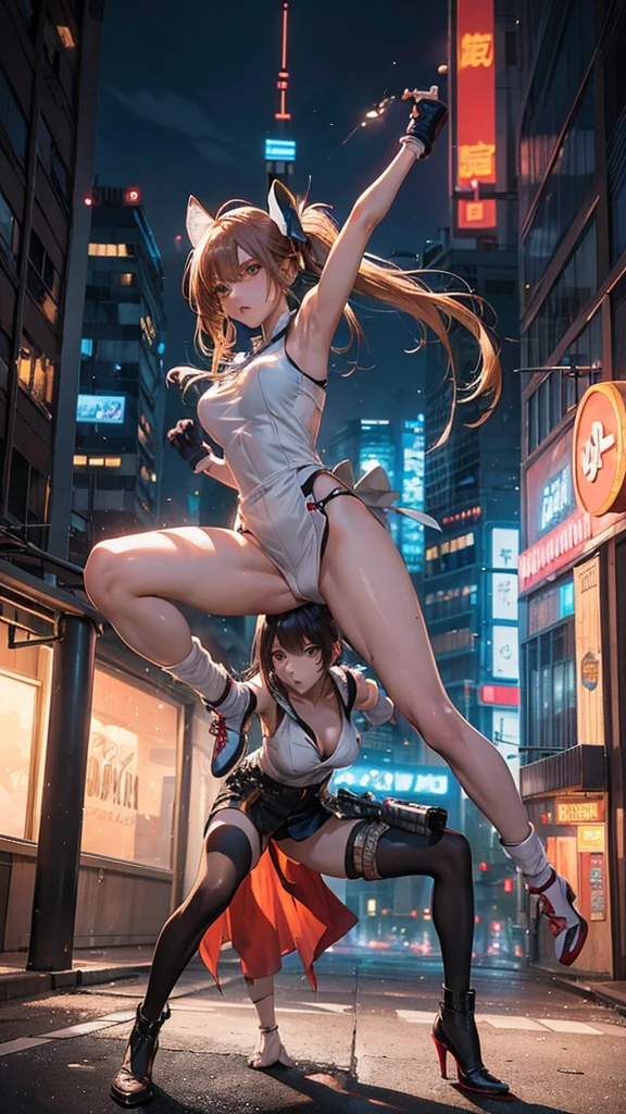 Fashion photography of real-life Makima from Chainsaw Man, in an action pose with an amazing camera angle. The setting is a dynamic urban environment, with buildings and neon lights in the background. The composition centers Makima, capturing her mid-movement with a powerful stance. The lighting is dramatic, with intense highlights and deep shadows emphasizing her features