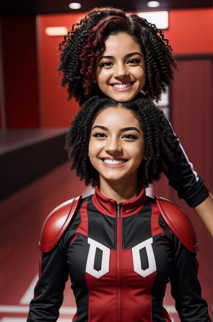 Chica de mi hero academia de heroes.
Pelo mitad rojo mitad negro, pelo lacio,ojos morado y rojo, uniforme de la ua, sonrisa bella.