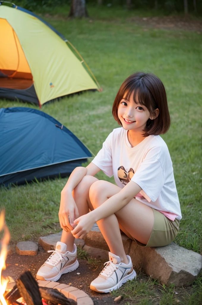 Girl looking at campfire, campsite tent, junior high school third grade, ((full body)), ((photo)), ((best qualtiy, 8K, tmasterpiece:1.3)), Focus:1.2, perfect figure beautiful child:1.4, 1, cowboy shot, look at viewer, incredibly absurd, beautiful and cute  with a photorealistic face, showcasing top-quality craftsmanship, Japanese girl gazing at the campfire at the campsite, 12 years old, short hair, wavy and shiny, crimson hair, big eyes, long eyelashes, smiling face, white teeth, round face, small nose, smooth skin, fair skin, red lips, pink cheeks, lively expression, , delicate, well-balanced proportions, slim, 155cm tall, thin limbs, small A-cup breasts, khaki T-shirt, camouflage shorts, sneakers, beautiful girl, younger sister attributes, active, sociable, cheerful, optimistic, brave, curious, August