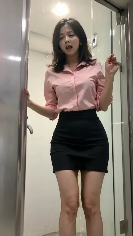 ((melhor qualidade)), ((obra de arte)), (detalhado), sexy secretary in office, angry look on her face, mouth open, pink blouse, dress skirt (((peeing herself))), (((peeing skirt))), panties shown