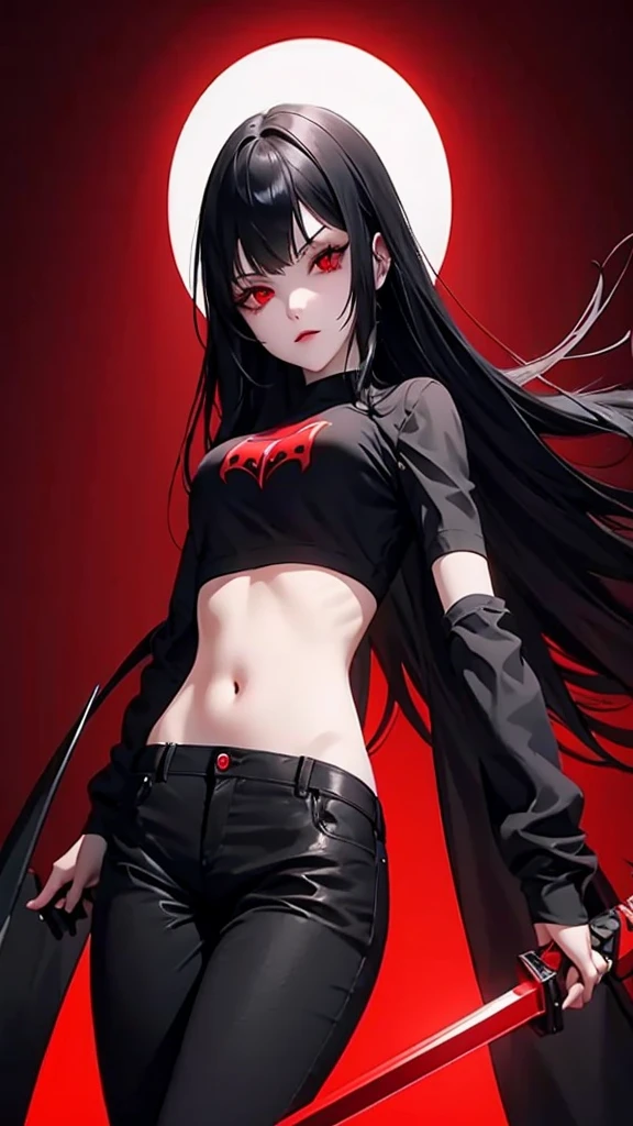 a picture of a vampire girl with red eyes and black hair with a robotical arm wearing a red t-shirt and long black pants with white stripes having a red long sword.