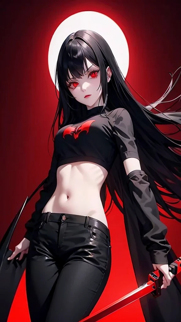 a picture of a vampire girl with red eyes and black hair with a robotical arm wearing a red t-shirt and long black pants with white stripes having a red long sword.