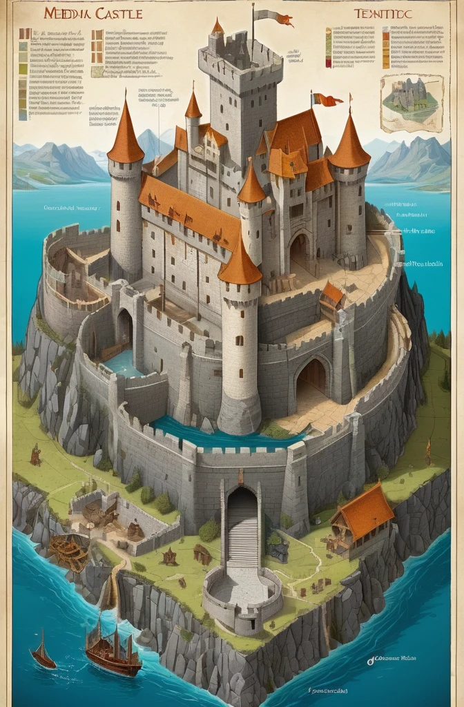 (((map of the fantastic continent with isometric cutaway view of the medieval castle, Cross-sectional view, labeled parts, Detailed technical drawing, with fantastic creatures ))) stone walls with windows, fortified towers with wooden parts, mechanical bascule bridge, ditch of water, (windows with detail, towers with detail, detailed bridge, ((giant castle)) vegetation, all one color, ((Dragon)) large map