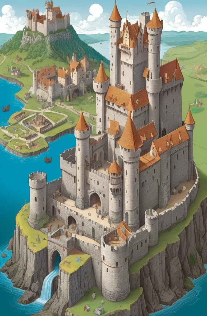 (((map of the fantastic continent with isometric cutaway view of the medieval castle, Cross-sectional view, labeled parts, Detailed technical drawing, with fantastic creatures ))) stone walls with windows, fortified towers with wooden parts, mechanical bascule bridge, ditch of water, (windows with detail, towers with detail, detailed bridge, ((giant castle)) vegetation, all one color, ((Dragon)) large map