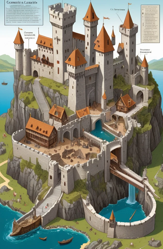 (((map of the fantastic continent with isometric cutaway view of the medieval castle, Cross-sectional view, labeled parts, Detailed technical drawing, with fantastic creatures ))) stone walls with windows, fortified towers with wooden parts, mechanical bascule bridge, ditch of water, (windows with detail, towers with detail, detailed bridge, ((giant castle)) vegetation, all one color, ((Dragon)) large map