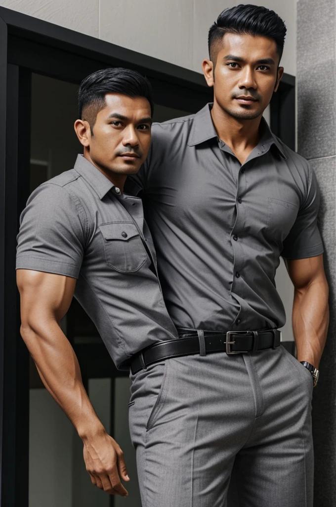 a handsome,muscular,masculine, 35 year old malay malaysian man named Arman with a black side part dressed in a grey cotton short sleeve collared shirt and a pair of grey cotton pants with a black belt from the 1970’s Malaysia