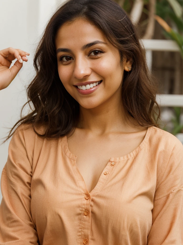 28YO, one women, cute smile, white teethes, Arab, from Jordan, long burnt orange shirt, light brown eyes