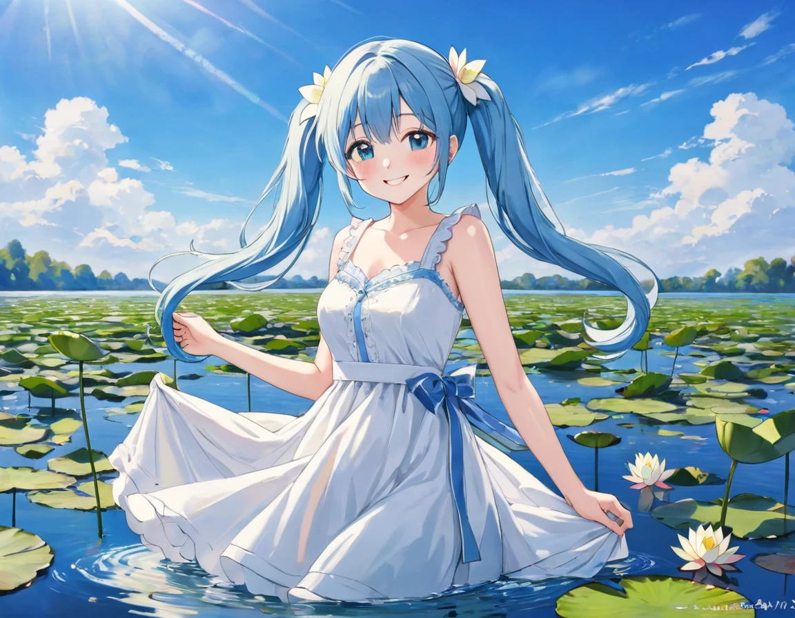 Light blue long hair,Beautiful girl with twin tails、water.water lily(many, Impressionism, oil)、White Dress、Bright smile、Masterpiece、Blue Sky