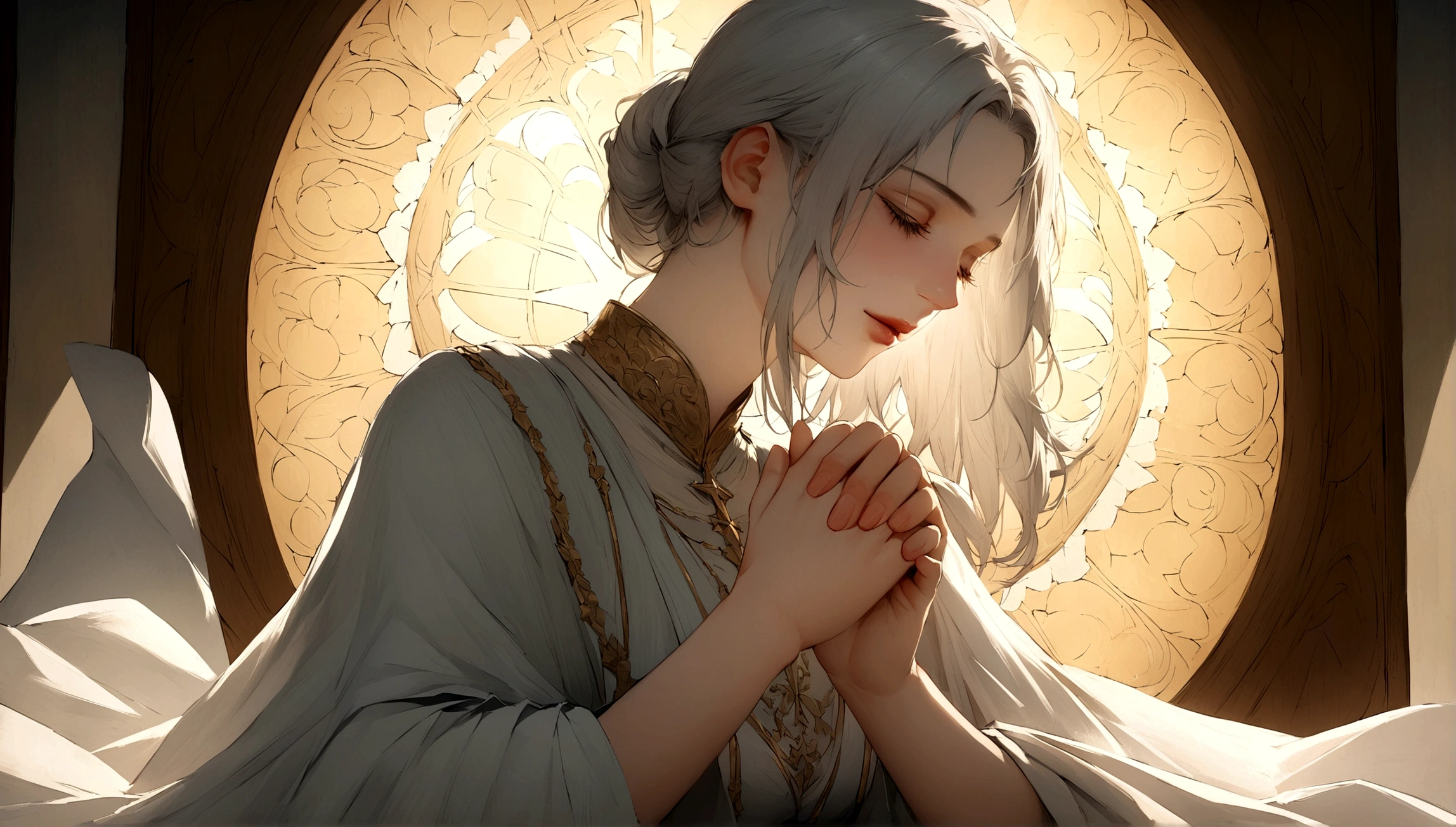 Imagine a high resolution, imagem fotorrealista que captura primorosamente uma pessoa orando genuinamente. The person is kneeling with both hands carefully joined together, in a gesture of deep devotion. The backlight is absolutely realistic, emanando de uma fonte celestial e preenchendo a cena com um suave, brilho natural. Every detail of the picture is offered, from the wrinkles on the person's hands to the subtle nuances of shadow and light on their face. Image quality is exceptional, com texturas, Cores and details that seem to pop out of the screen. This image is a stunning representation of faith and spirituality, able to touch the heart of whoever contemplates it.