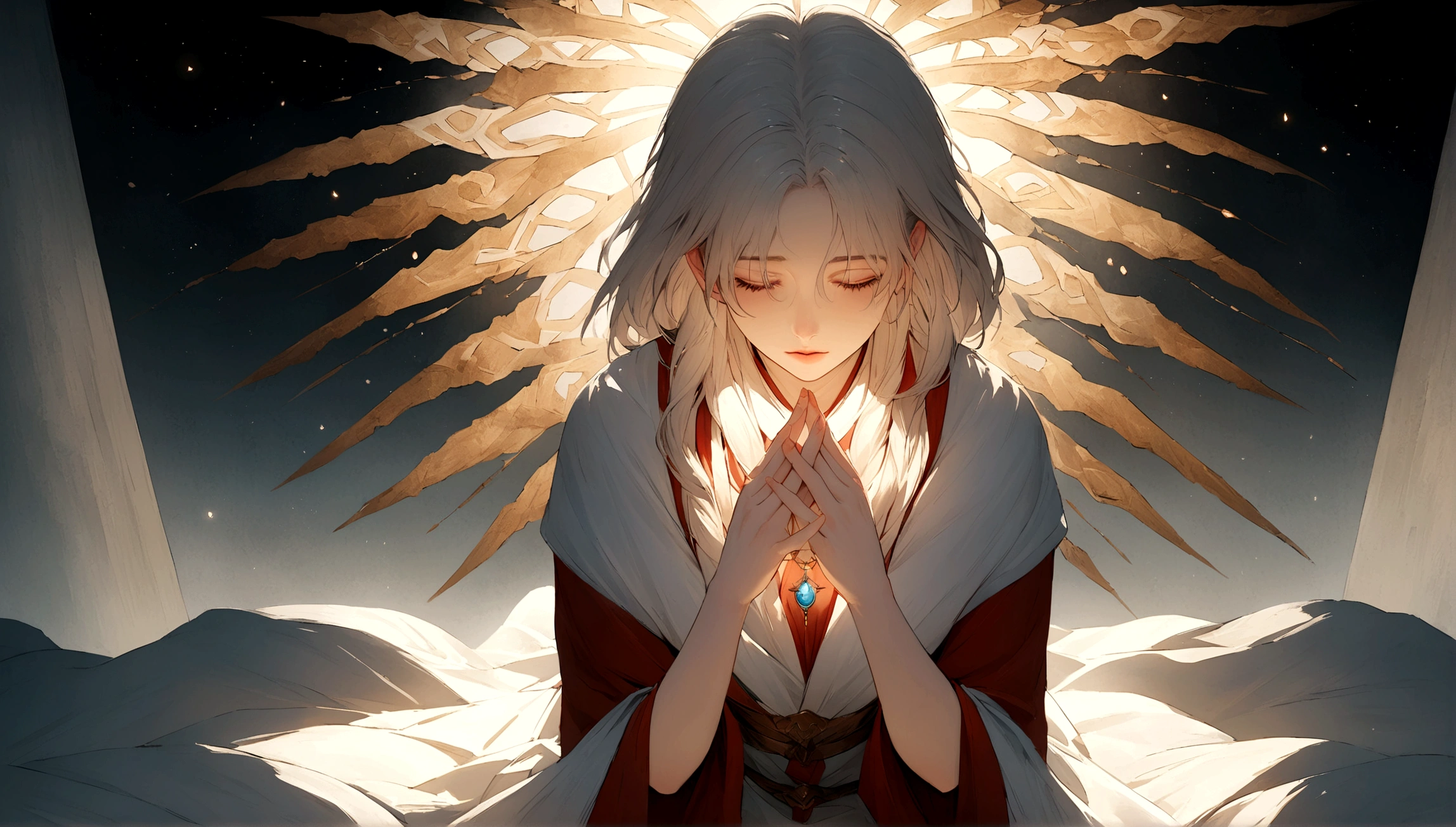 Imagine a high resolution, imagem fotorrealista que captura primorosamente uma pessoa orando genuinamente. The person is kneeling with both hands carefully joined together, in a gesture of deep devotion. The backlight is absolutely realistic, emanando de uma fonte celestial e preenchendo a cena com um suave, brilho natural. Every detail of the picture is offered, from the wrinkles on the person's hands to the subtle nuances of shadow and light on their face. Image quality is exceptional, com texturas, Cores and details that seem to pop out of the screen. This image is a stunning representation of faith and spirituality, able to touch the heart of whoever contemplates it.