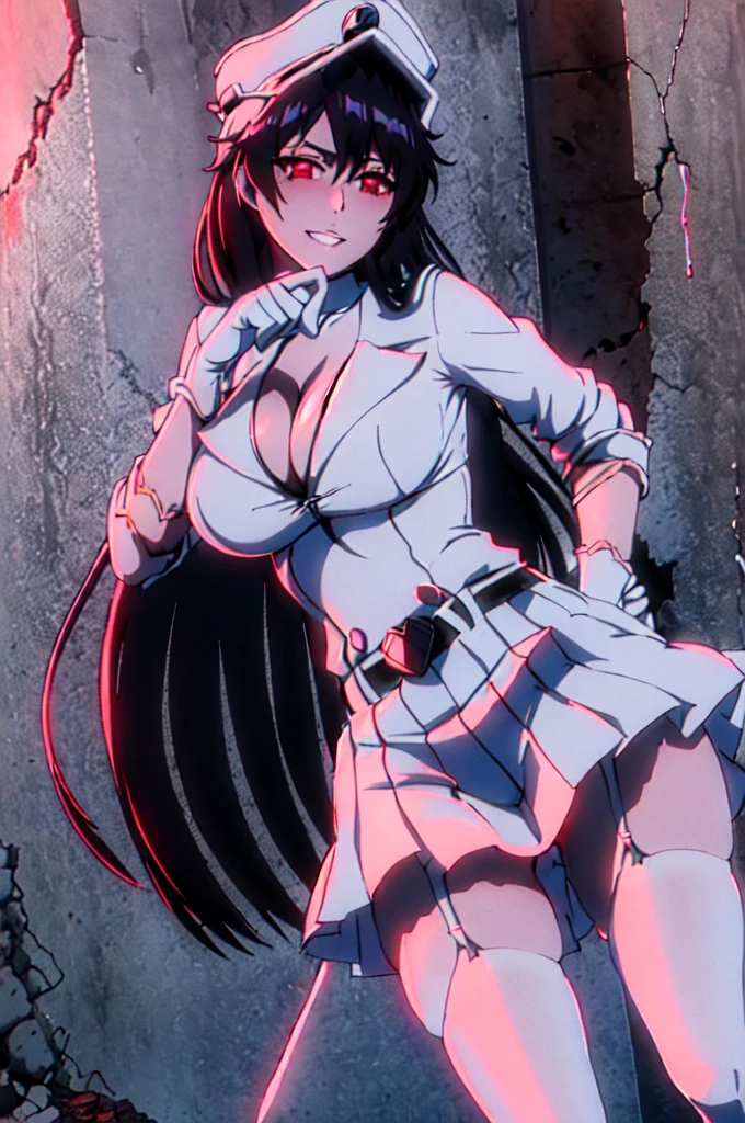 (burned ruined city:1.2), (blush:1.2), parted lips, suggestive smile, white military form, short white pleated skirt, upskirt, white gloves, white thigh high stockings with garter belt, masterpiece, detailed, intricate details, belt, looking at viewer, medium breasts, braless, exposed cleavage
