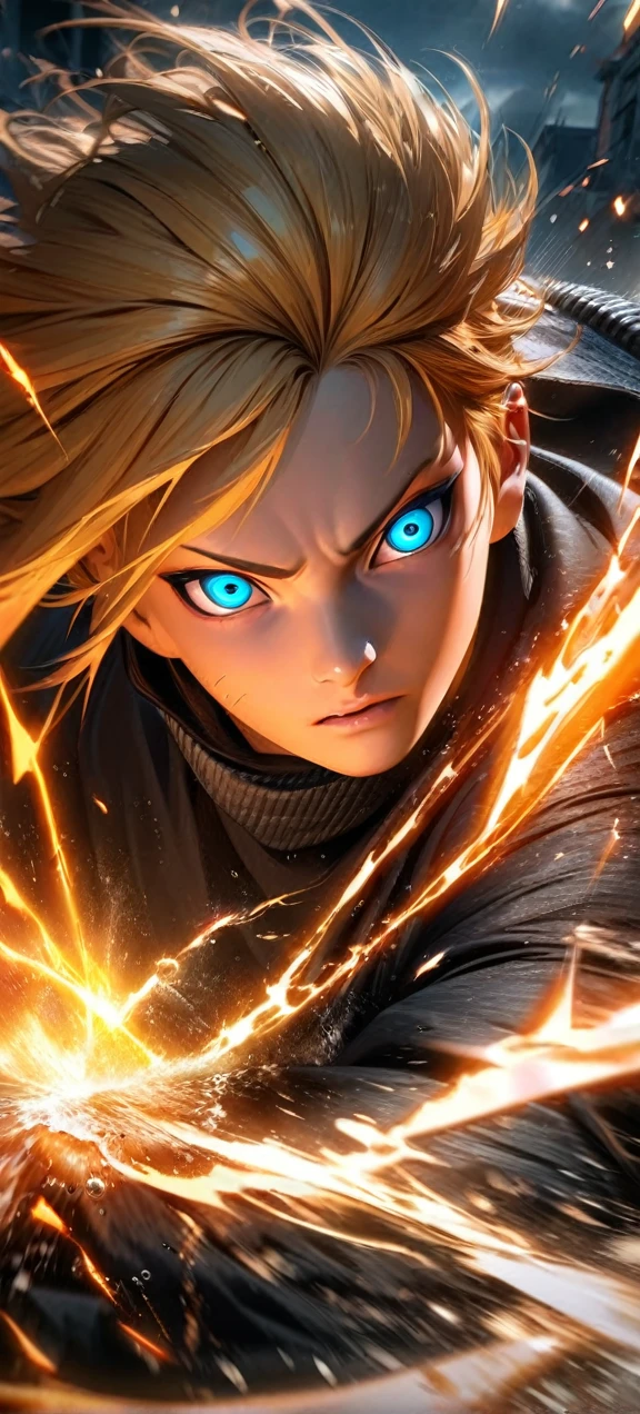 High quality, ultra realistic,absurdres, highres, ultra detailed, HDR, masterpiece, extremely detailed face and eyes, Naruto jinchuriki mode , naruto,, yellow hair ,black shirt , solo, ,man, handsome, ,white eyeleshes, blue eyes , Epic fight scene, orange splashing effect,orange lightning effect,glowing glitters ,