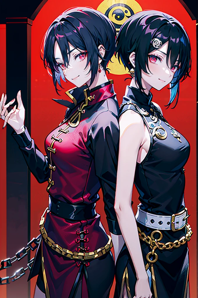 dark persona, evil executive, idol, 1 girl, red and blue hair, two tone hair, anime, long hem, Leading a ritual, from side, forehead yin yang accessory, standing on pedestal, evil smile, audience, short hair, talking, black armor, cape, runes, pillars of black fire, octagonal yin yang mirror, Ruined city, at midnight, black cheongsam, Qipao, stand-up collar, gold decoration, earring, chains, belt, black obi, yin yang, beautiful art, high res, perfect face, detailed outfit