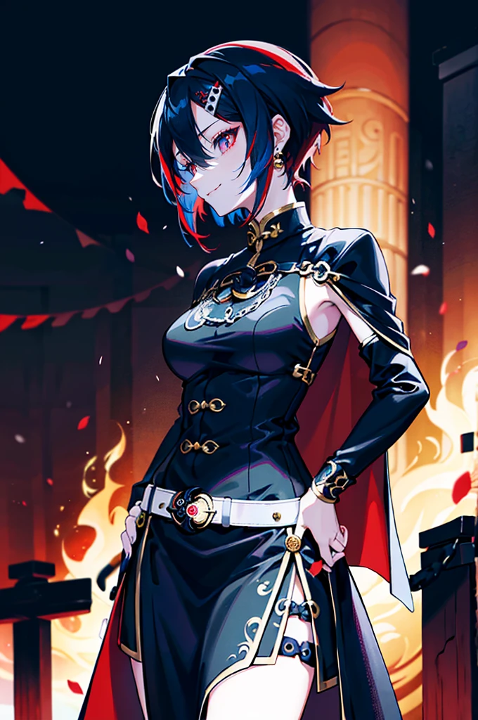 dark persona, evil executive, idol, 1 girl, red and blue hair, two tone hair, anime, long hem, Leading a ritual, from side, forehead yin yang accessory, standing on pedestal, evil smile, audience, short hair, talking, black armor, cape, runes, pillars of black fire, octagonal yin yang mirror, Ruined city, at midnight, black cheongsam, Qipao, stand-up collar, gold decoration, earring, chains, belt, black obi, yin yang, beautiful art, high res, perfect face, detailed outfit