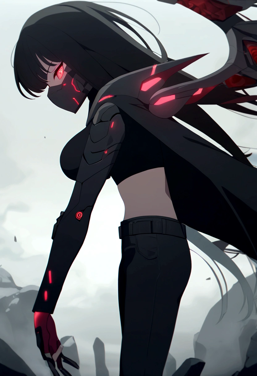 Long black hair woman, red eyes, cybernetic face mask with red LEDs, wings on the back side of the face mask, fully cybernetic right arm, normal left arm, having a black long shoulder cape on the right arm, wearing a black crop top covering medium sized breasts, and long black pants with boots, having a lightly loose belt. Facing forwards, singular woman