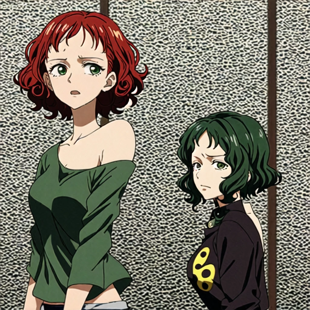 girl with short curly red hair and green eyes, black top,crying,one piece version
