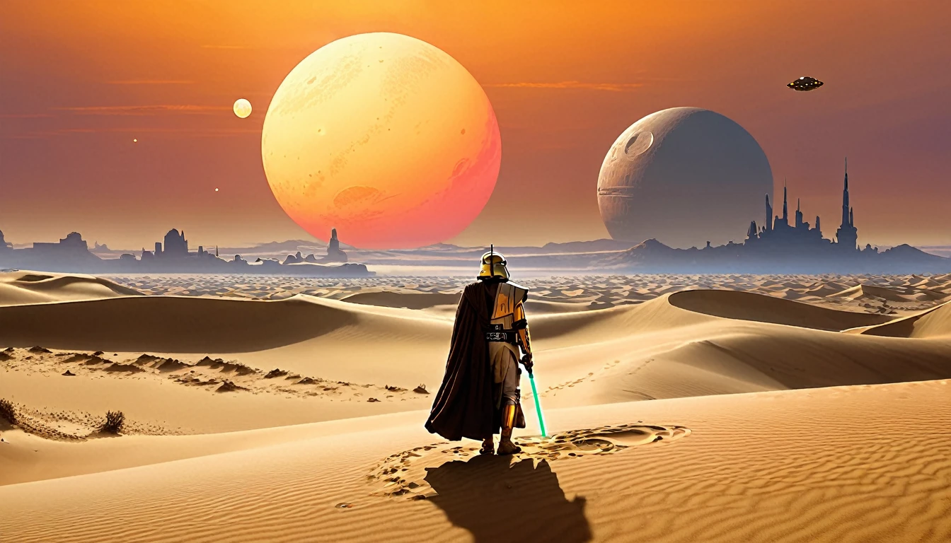 “Imagine a scene on a distant desert planet, reminiscente de Tatooine, where a lone Jedi knight finds himself on a sand dune, observando o horizonte. In the sky, two moons are visible, e ao longe, the ruins of an ancient civilization emerge from the sands. The light of the sunset reflects off the Jedi&#39;s lightsaber, creating a contrast with the shadows that begin to lengthen across the desert,hyper realistic composition,32k resolution,cinematic composition,cinematic color grading.photography whit Phaseone 85mm,death of field lens.