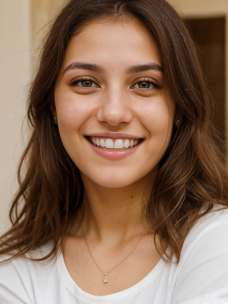 20YO, one women, cute smile, white teethes, white Jordanian, from Jordan, long burnt orange shirt, light brown eyes