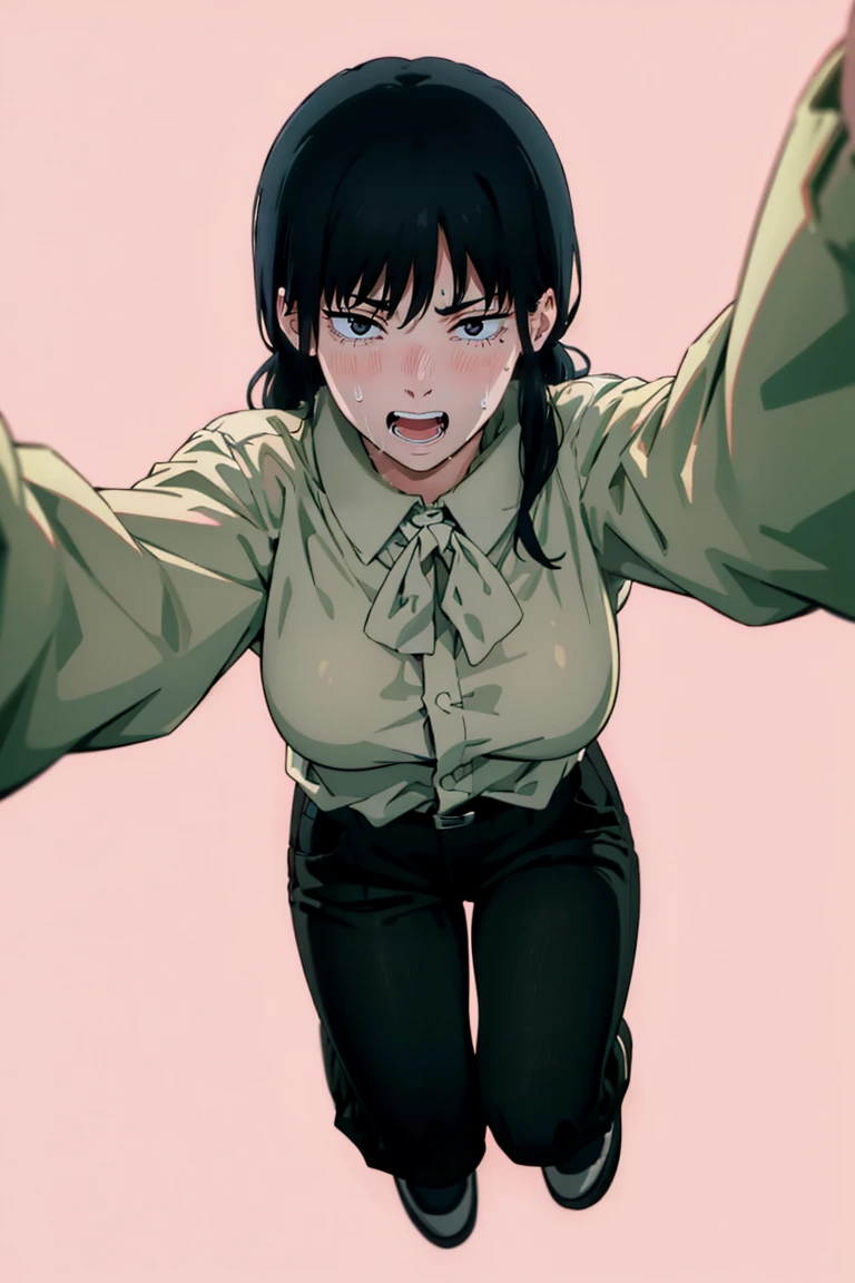 ((a girl in casual clothes)),((pink long sleeve blouse)) , black pants, looking at the viewer in a lascivious manner, blushing, and sweating a lot, panting, with one hand raised, white background, first person look, pov, from above, saliva,full body ,csm anime style