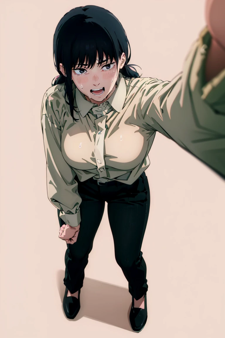 ((a girl in casual clothes)),((pink long sleeve blouse)) , black pants, looking at the viewer in a lascivious manner, blushing, and sweating a lot, panting, with one hand raised, white background, first person look, pov, from above, saliva,full body ,csm anime style