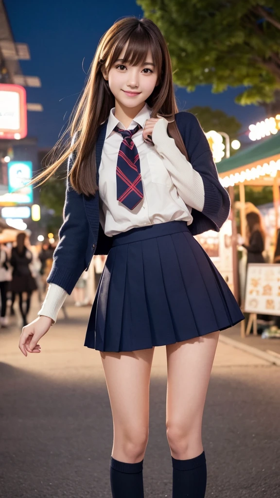 {Highest quality], [Super beautiful], [Ultra fine], [Best illustration], NSFW,Brown Hair, Hime cut, Long Hair, With bangs, girl,high school student,uniform,knit,skirt,smile, blush, Slender women, Adult women,Standing posture,(Public),Night Park,Summer festival,diagonal, Navy blue knee socks,Black Loafers