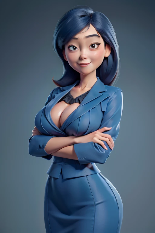 8K resolution, Very detailed, high quality,Perfect Anatomy, (woman: 1.1), woman1名, Thin face、美しい日本人woman,50 years old,First Lady, Detailed face, Long Hair, (Huge breasts),(Wide Hips), (Blue Business Suit:1.3), (Pencil Skirt), エレガントなwoman, Japanese idol faces, smile,(((Fold your arms in front of your chest:1.3)))