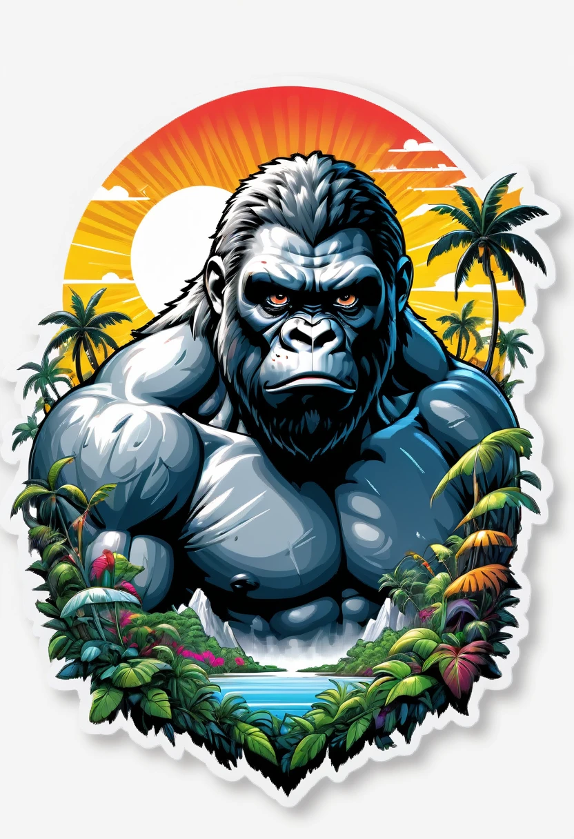 (((a sticker))), (((white background))), (((SPLASH ART))) intricately detailed t-shirt design ready for print , 2d, ONE HUGE black angry KING KONG in foreground Jungle sunset at the background, vibe detailed design for streetwear and urban style t-shirts design, pro vector, (cel-shading style:1.3), inkpunk, (ink lines:1.1), strong outlines, bold traces, high contrast, (cel-shaded:1.1), vector, 32k resolution, best quality,, flat lights,vector t-shirt art ready for print, intricate rich extremely complex ornaments illustration, extremely detailed and complex illustration, high detail, clean lines style, intricate high details, (((white plain background)))