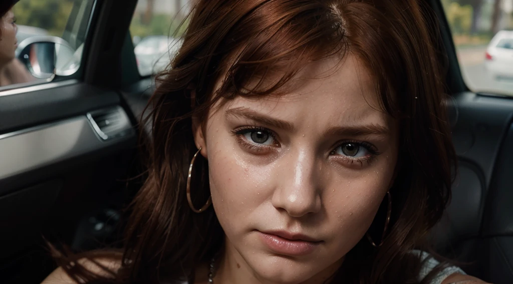 there is a redhead woman and earrings in a car, cinematic realistic portrait, soft portrait photographed in 8k, hyperrealistic art style, 8k portrait rendering, realistic face moody lighting, ultra realistic portrait, she is looking straight ahead and tears are crying on her facephotorealistic art style, realistic digital painting, ultra detailed portrait, realistic digital hyperpainting, hyperrealistic cg, ultra realistic digital painting, beautiful photorealistic face, She is looking straight ahead and tears are crying on her face
