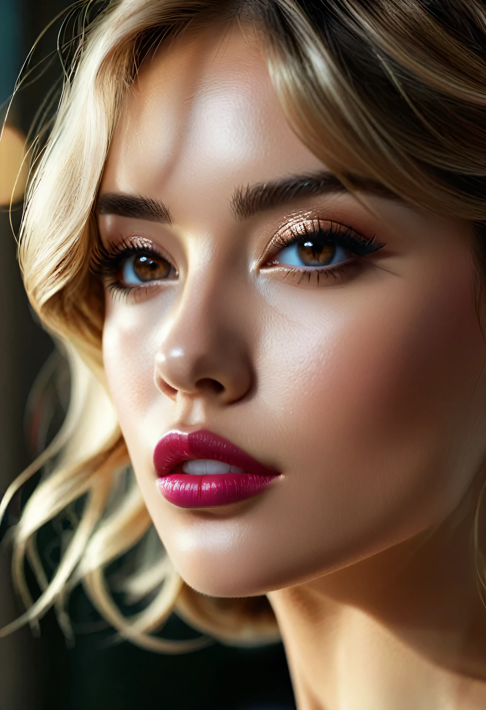 (best quality,4k,8k,highres,masterpiece:1.2),ultra-detailed,(realistic, photorealistic,photo-realistic:1.37), (Realistic brown_eyes), ((perfect dark_eyeshadows)), Detailed lips, (red_lipstick:1.15) ,BREAK long blue_eyelashes:1.12, BREAK (pink_makeup:1.25), (super Detailed, beautiful little nose:1.2), (perfect composition), Depth of field, cinematic light, Lens flare, (A woman with velvety skin:1.2), ((best high quality real texture hair)), (short blonde hair (wavy, combed up, behind the ear), extremely detailed:1.38),
