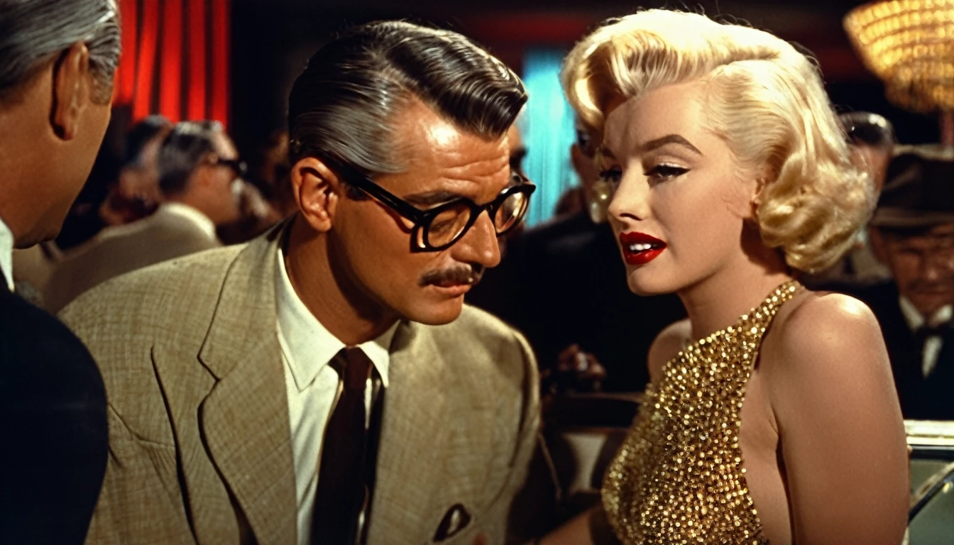 a vintage color film still of Marilyn Monroe with makeup looking at balding Clark Gable who has glasses and is clean shaving outside a hollywood matinee at night, vintage photo, , panavision, 16:9, vintage photography, haze, bokeh, glamorous composition, film still, champagne commercial, inspired by George Hurrell, steven meisel photography, very realistic film still, color, cinematic, movie still, romantic