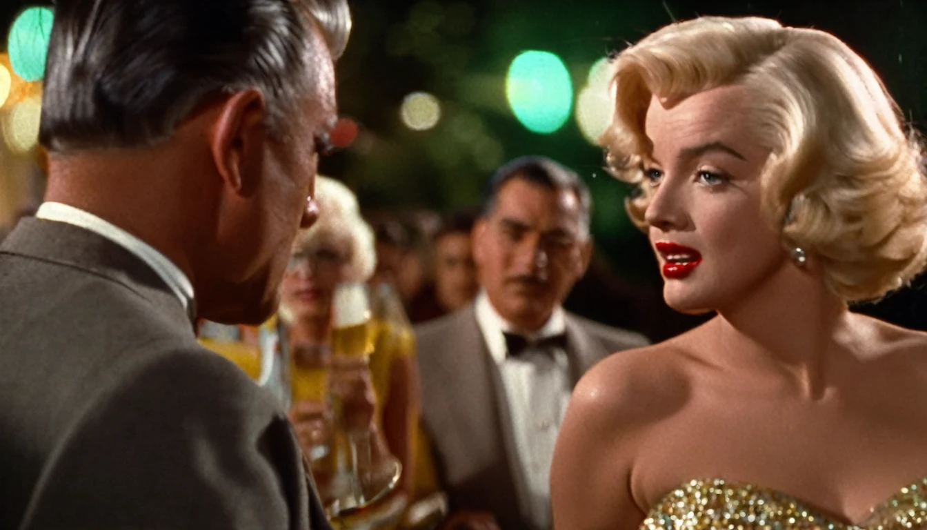 a vintage color film still of Marilyn Monroe with makeup looking at balding Clark Gable who has glasses and is clean shaving outside a hollywood matinee at night, vintage photo, , panavision, 16:9, vintage photography, haze, bokeh, glamorous composition, film still, champagne commercial, inspired by George Hurrell, steven meisel photography, very realistic film still, color, cinematic, movie still, romantic