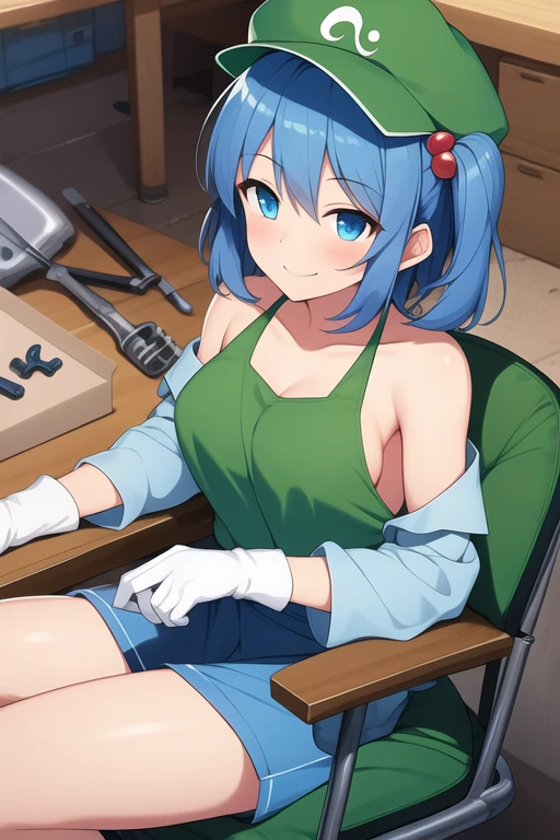 ((best quality)), ((masterpiece)), (detailed), 1girl, touhou, Nitori Kawashiro, blue hair, blue eyes, off-sleeves blue tube top, green kappa cap, white short shirt, green short gloves, brown boots. blue female military pants, wide shot, mechanic office background, mechanic tools, sitting on chair, working mechanic table, eletronic parts, working, smiling expression, concentrated on working