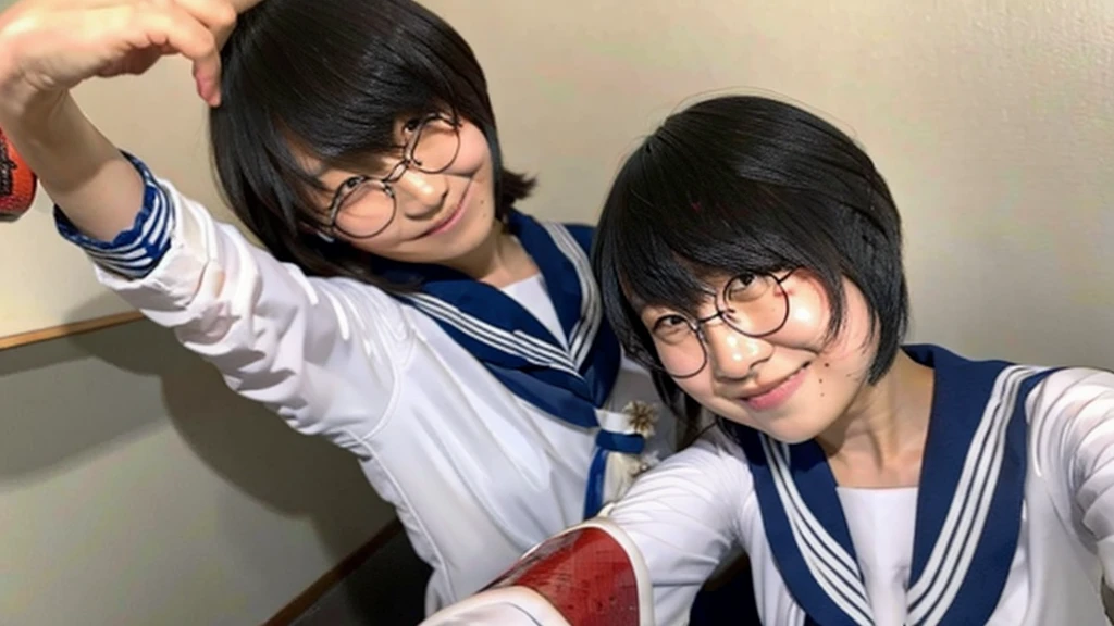 Suzuka takes a selfie with a man with his bangs down