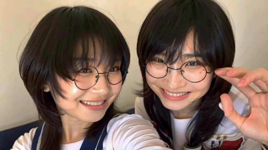 Suzuka takes a selfie with a man with his bangs down